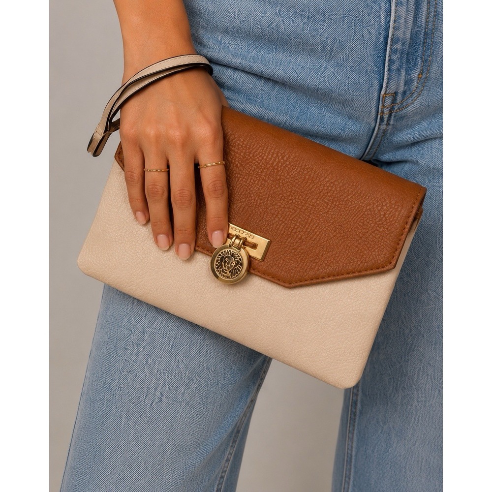 Vintage Anne Klein Two Tone Cream Tan Wristlet Clutch Purse 90s Minimalist Bag
